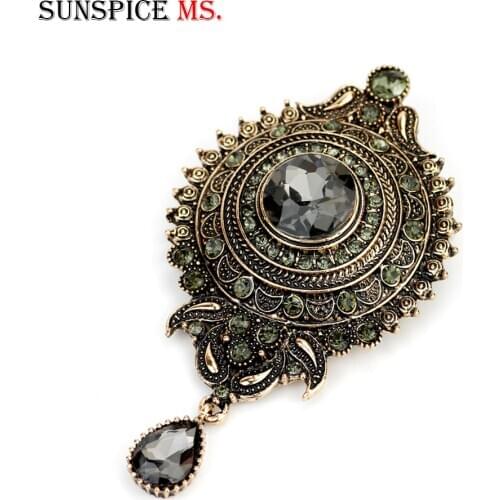 Sunspicems Retro Gold Color Vinage Brooch Full Gray Rhinestone Turkish Dsign Circular Badge Ethnic Party Jewelry Gift