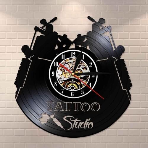 Vintage Vinyl Record Wall Clock Tattoo Studio Logo Business Sign Tattoo Salon Inauguration Decorative Wall Clock Tattooist Gift