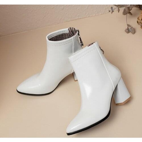 YMECHIC 2020 Autumn Wedding Office Dress Womens Shoes Pointed Toe Pu Patent Leather Black White High Heels Ankle Boots Booties