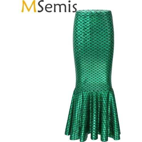 MSemis Kids Girls Shiny Metmaid Maxi Skirt Fish Scale Printed Mermaid Tail Elastic Waist Skirt Costume for Halloween Cosplay