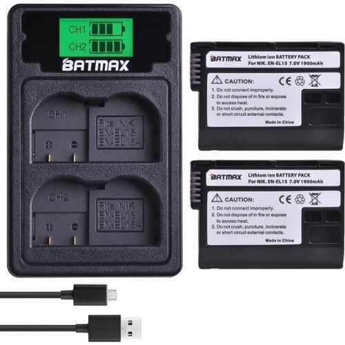 2PACK EN-EL15 ENEL15 Battery+LCD USB Dual Charger with Type C Port for Nikon D600 D610 D600E D800 D800E D810 D7000 D7100,Z6, Z7