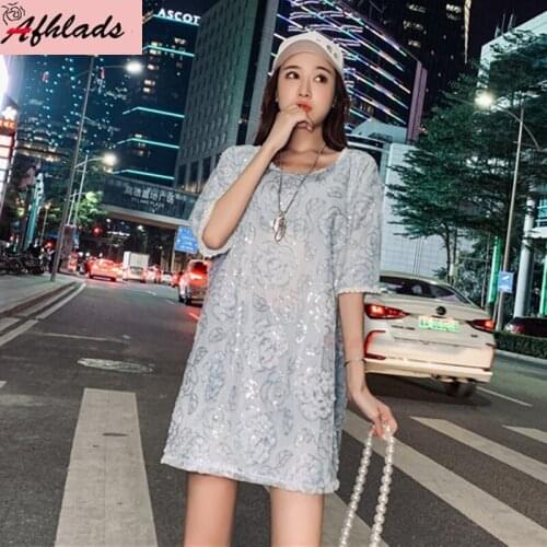 Short Sleeve Sequin Embroidered Flowers Top Streetwear Hip Hop Lace Patchwork Plus Size Womens Clothing Night Club T-Shirt