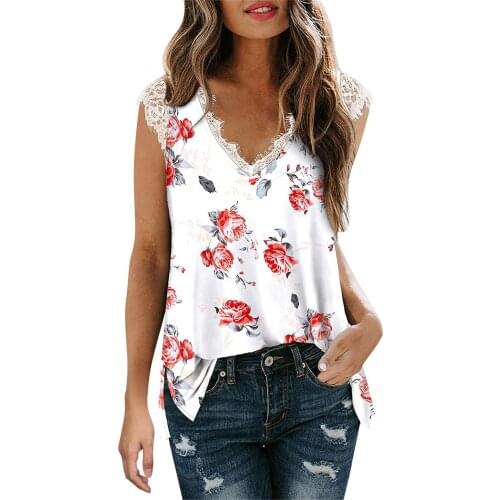 Womens clothing 2021 Summer Casual Tops haut femme Streetwear Camisetas Drop Ship Floral Print V-neck Lace Sleeveless Vest Top