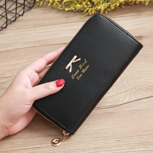 Female Long Wallet Solid Color Bow Womens Two Fold Purse Stamping Single Elongated Card Bag Zero Wallet Vertical Square