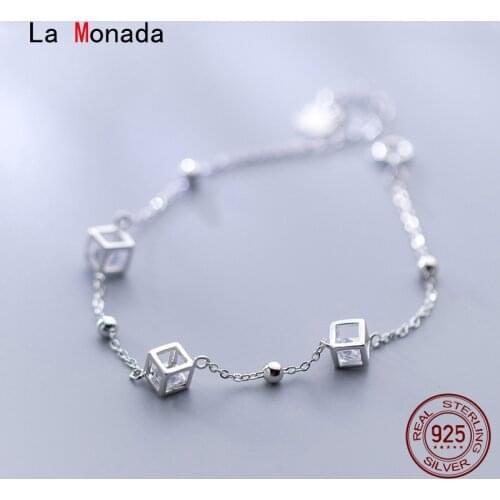 La Monada 15.5-19 Women Bracelet Silver On Hand Chain Bracelet Square Charms 925 Sterling Silver Bracelet For Women Girls Female