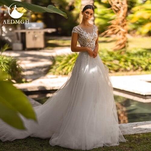 Aedmgh A-Line Beach Wedding Dresses 2021 O-Neck Cap Sleeve Bride Dress Appliques Beading Simple Court Train Fairy Bridal Gowns