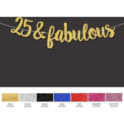 Gold/Black/Silver glitter 25&fabulous banner 25th happpy birthday sign decor twenty fifth anniversary party decorations supplies