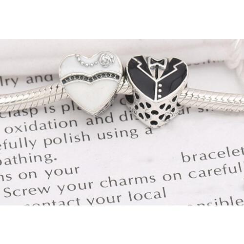 1PC Authentic 925 Sterling Silver Black And White Dress Glaze Heart Beads For Original Pandora Charm Bracelets & Bangles Jewelry