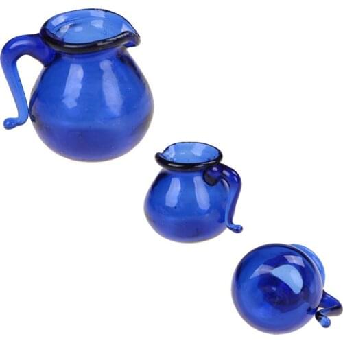 1PC Dinning Room Blue Glass Water Pitcher Jar Pot 1/12 Scale Kitchen Water Jar Pot Dollhouse Miniature