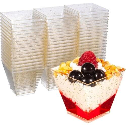 10Pcs Mini Square Dessert Cup Cube Trapezoid Dish Tray With Disposable Spoons Cake Sauce Pudding Cups Party Kitchen Accessories