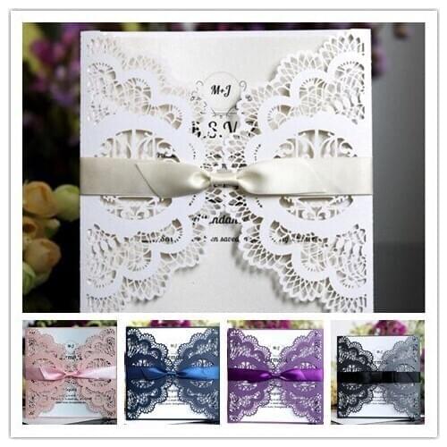 100PCS/LOT Size 15*15CM Square Wedding Invitation Card Laser Cut Card With Bowknot Envelope Can Printing Inner card