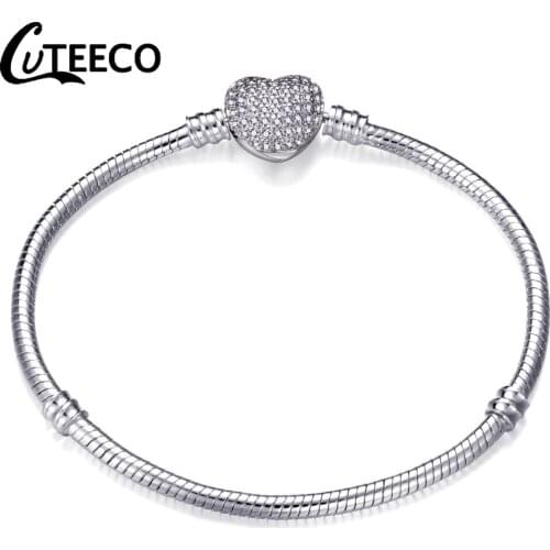 Cuteeco Pan Bracelet Authentic Silver Plated Heart Shape Snake Chain DIY Charm Bracelet & Bangle For Women Gift 2019 Hots