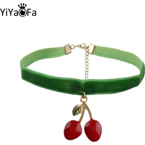 YiYaoFa Green Ribbon Choker Necklace & Cherry Pendant Vintage Women Accessories Gothic Jewelry Collar Necklace for Wowen DD-25