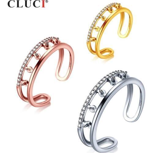 CLUCI 925 Sterling Silver Rose Gold Zircon Ring for Women Silver 925 Pearl Ring Mounting Open Hollow Rings Jewelry SR2237SB