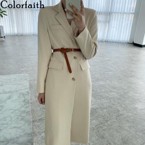 Colorfaith New 2021 Winter Womens Windbreakers Cardigans Blazers Elegant Oversized Split Coat Basic Long Trench Jackets JK2195