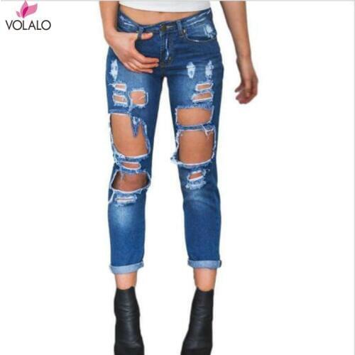 Summer Knee Broken Hole Blue Jeans Women Streetwear Full Length Skinny Pants Elastic High Waist Plus Size Street Wear Female