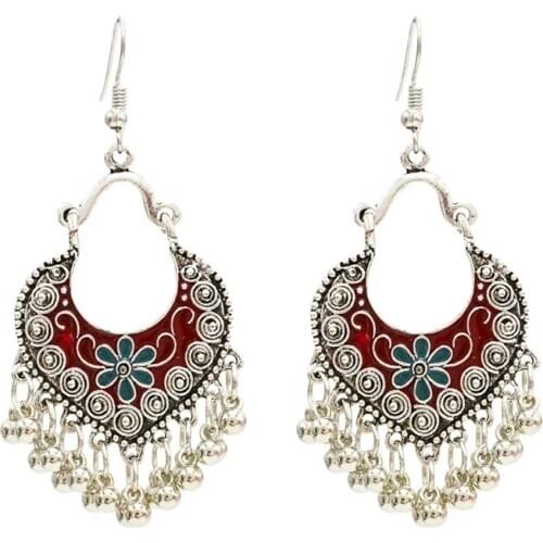 Indian Jhumka Jewelry Vintage Bell Tassel Earring Boho Antique Ethnic Silver color Plated heart Drop Earrings For Women Pendient