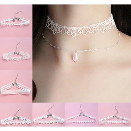 Korea White Lace Clavicle Chain Choker Necklace Sweet Woman Girls Imitation Pearl Pendant Necklaces Fashion Jewelry