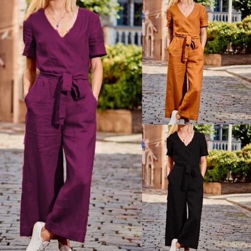2021 Summer Vintage Комбинезоны Thin Short-Sleeved Solid Simple Rompers Casual Soft Jumpsuit Loose One Piece Trousers