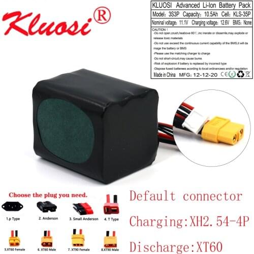 KLUOSI 3S3P 12V 10.5Ah 10Ah High Capacity UAV Rechargeable 12.6V Li-ion Battery for Various RC Airplane Quadrotor XH2.54-4P XT60