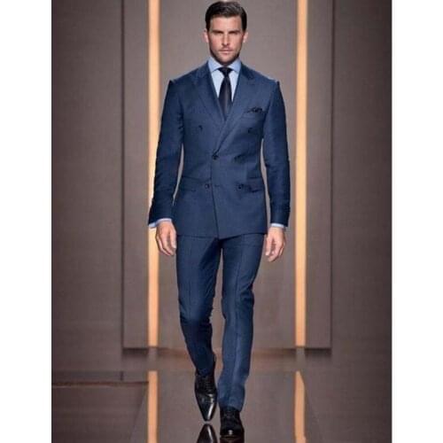 Italian Style Navy Blue Groom men suit Tuxedo Double Breasted Slim Fit Mens Wedding Party Suits Bridegroom Blazer (Jacket+Pants)