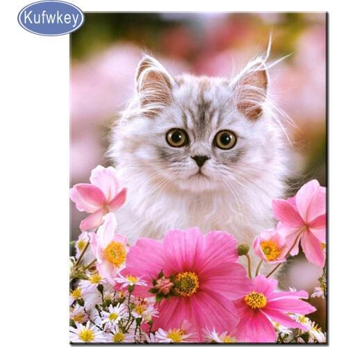 KUFWKEY full round resin drill,Diamond Painting Pink Flower and Kitten cross stitch kit diamant painting cat animal new arrivals