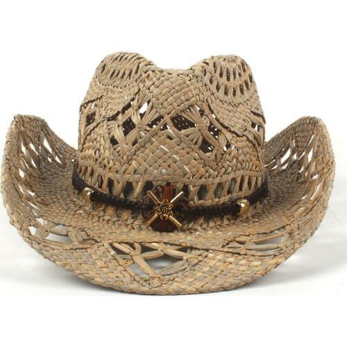 Handmade Weave Cowboy Hat For Womem Men Natural Straw Summer Western Cowgir Sombrero Hombre Lifeguard Hats Size 58CM