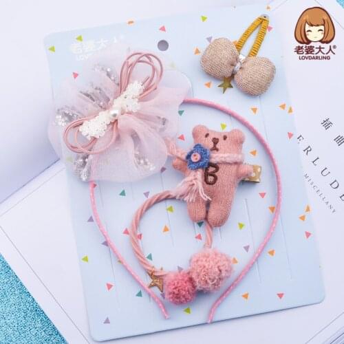 Seersucker Sequined Gorgeous Five-Pointed Star Big Flower Knitted Bear Childrens Headband Hair Accessories Set