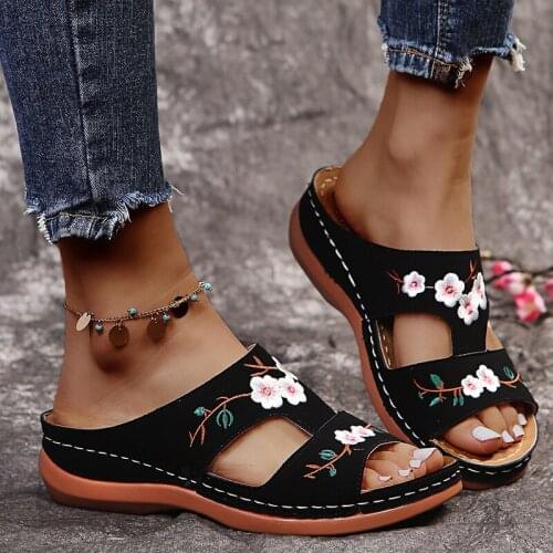 SHZQ Rimocy Fashion Embroider Soft Slippers Women Summer Open Toe Flock Comfort Beach Shoes Mujer Outdoor Thick Bottom Slippers