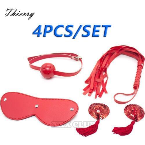 Thierry 4 pcs/ Set Leather Adult Game Sex products Restraint Bondage,Nipple paste Whip Collar Blindfold sex Toy Couples Sex Toy