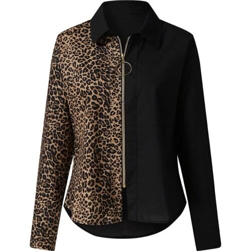 Blouse Women 2020 Women V Neck Long Sleeve Leopard Patchwork Zipper Blouse Tops blusas de mujer bluzka damska топ женский