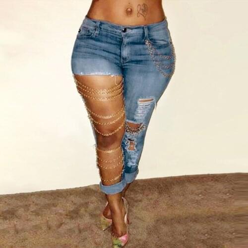 Women Pants HighChain Drcor Cutout Ripped Denim Pants Casual Sexy Pants for Women 2021
