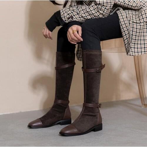 Womens shoes 2021 Knee-High Flock Slip-On Square Toe boots for women big size 31-48