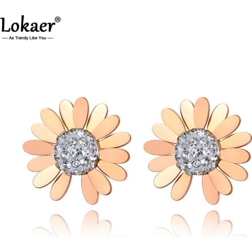 Lokaer Cute Rhinestone Small Daisy Sun Flower Stud Earrings Stainless Steel Trendy Plant Earrings Jewelry For Women Girls E20097