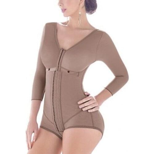 Female Bodysuit Post-Surgical Front Closure Hook-eye Girdle Of Medium Compression Of Breasts And Long Sleeves Waist Trainer