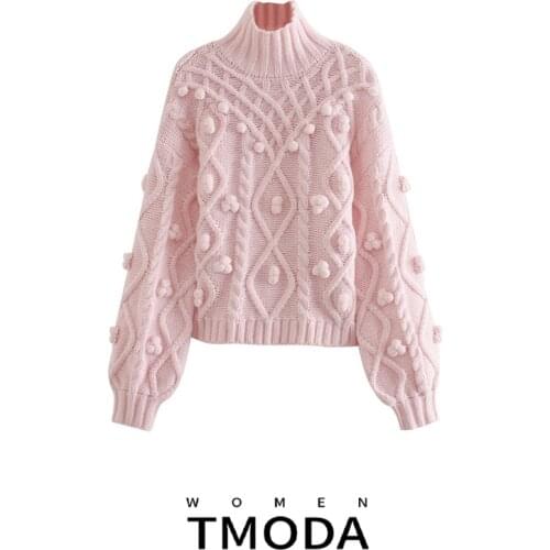 TMODA853 Za Women 2021 Fashion With Pompoms Loose Knitted Sweater Vintage High Neck Long Sleeve Female Pullovers Chic Tops