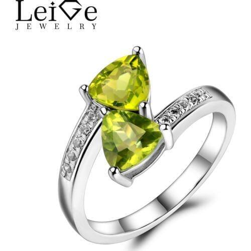Leige Jewelry Silver 925 Peridot Ring Natural Green Gemstone Engagement Rings for Women Trillion Cut Double Stones Fine Jewelry