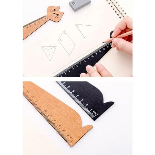 28EA Cute Kitten-shaped Straight Ruler Measuring Stationery 15cm Wooden Ruler for Students Home Office School Supplies
