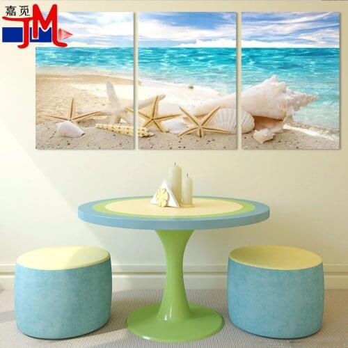 5D Diy Diamond Painting 3 Panel Sea Beach Shell View Diamond Embroidery Full Round Mosaic Diamond Inlaid Pattern Landscape Decor