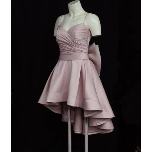 High Low Satin Homecoming Dresses with Bowknots Spaghetti Straps V Neck Graduation Dress Short Cocktail Dresses