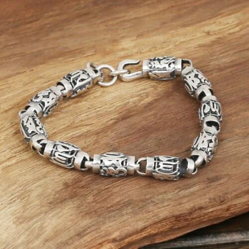 925 Sterling Silver men mens Om Mani Padme Hum cylinder Thai Punk Rock retro Link chain bangle Bracelet jewelry A5088