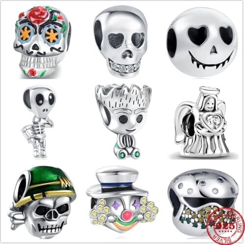 New 925 Sterling Silver Rose Skull Clown Pirate Angel Burger Charm bead Fit Original Pandora Bracelet DIY Jewelry For Women
