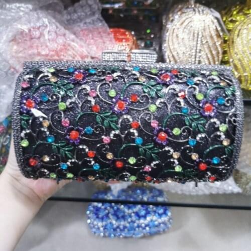 Black Colorful Diamond Female Clutch Purse Crystal Party Dinner Wedding Bridal Womens Toted Handbag Ladies Cocktail Evening Bag