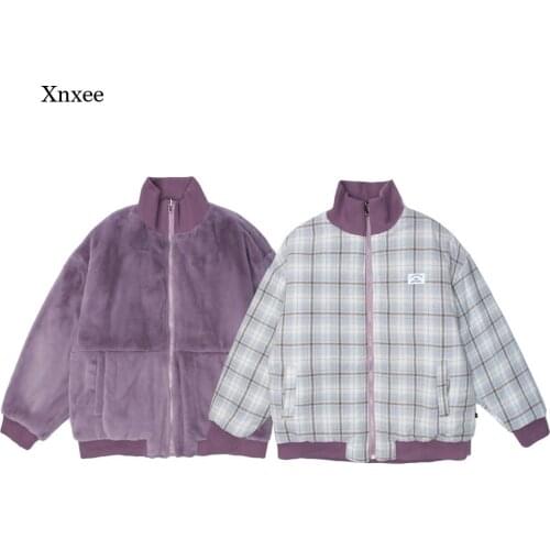 Unisex Double-Sided Patchwork Jacket Men Fashion Contrast Harajuku Style Women Overcoat High Street Padded Plaid Coats Clothing