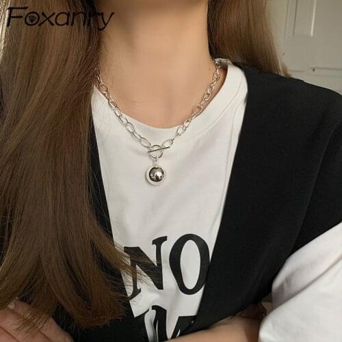 Foxanry 925 Sterling Silver Round Bead Necklace Couples Accessories New Fashion Vintage Hip Hop Geometric Pendant Party Jewelry