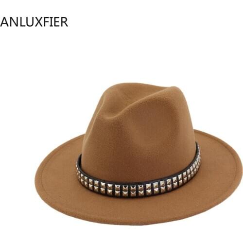 H7579 Autumn Winter Women Fedoras Hat Female Wool Felt Lovers Jazz Cap Men Flat Eave Metal Rivet Fashion Party Casual Retro Hats