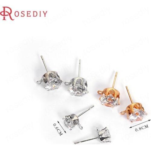 20PCS 0.6CM 0.8CM Champagne Gold Color Plated Brass with Zircon Round Stud Earrings Findings Diy Jewelry Accessories
