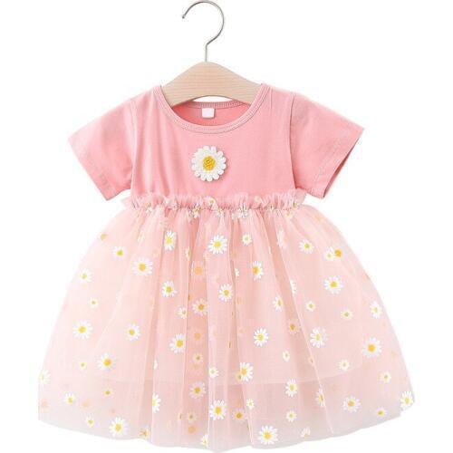 Summer Baby Girl Dress Kids Short Sleeve Daisy Mesh Princess Dresses