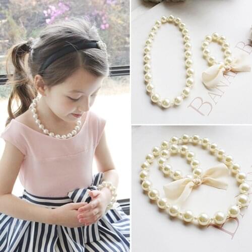 Trendy New Fashion Romantic Pearl Jewelry Set for Children Simulated Bead Necklace Bracelet Little Girls Toy Birthday Gifts