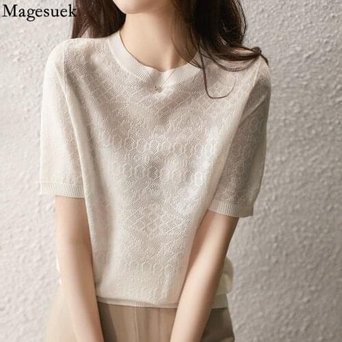 New Ice Silk Knitted Blouse Top Perspective White Shirt Spring and Summer Thin Bottoming Streetwear Womens Clothing Blusas 14798